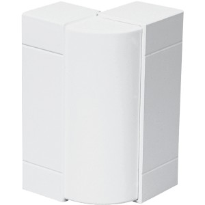 Weißes E2 Elektro Außeneck für Brüstungskanal, Detailaufnahme.