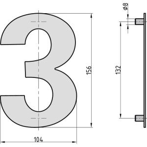 Technische Zeichnung Hausnummer 3, Stahl Anthrazit, Maße 156 x 104 mm, Befestigungslöcher