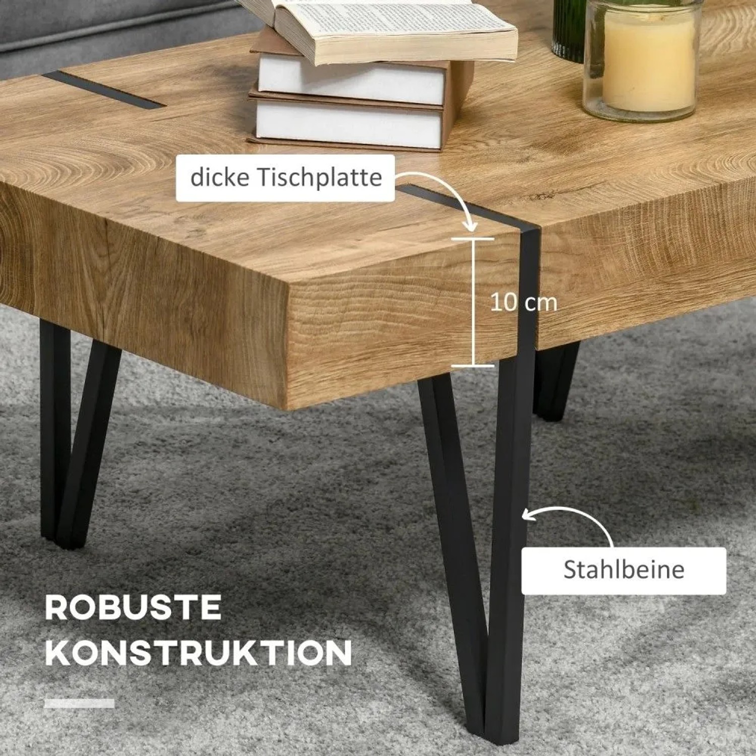 HOMCOM Couchtisch mit dicker MDF-Tischplatte in Naturholzoptik und schwarzen Metallbeinen im Industrie-Design.