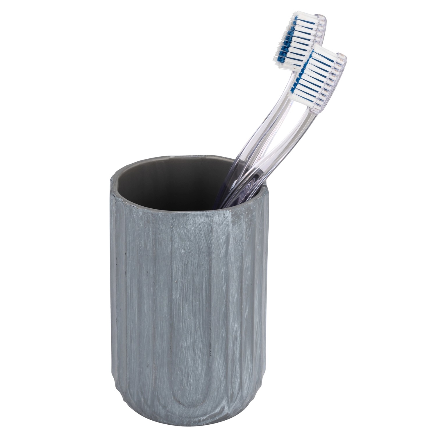 Heller, grauer Wenko Zahnputzbecher Iseo aus Keramik mit zwei Zahnbürsten.