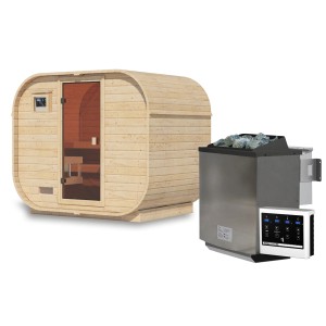 Karibu Fasssauna "Quadro 1 Plus" mit Ofen 9 kW Extern Naturbelassen bio