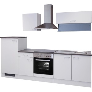 Weiße Flex-Well Küchenzeile Lucca 270 cm mit Turmhaube, Kochfeld, Backofen und Spüle.