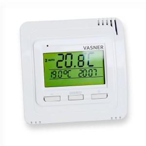 Vasner Funkthermostat mit Sender und Steckdosenempfänger, weiße Ausführung.