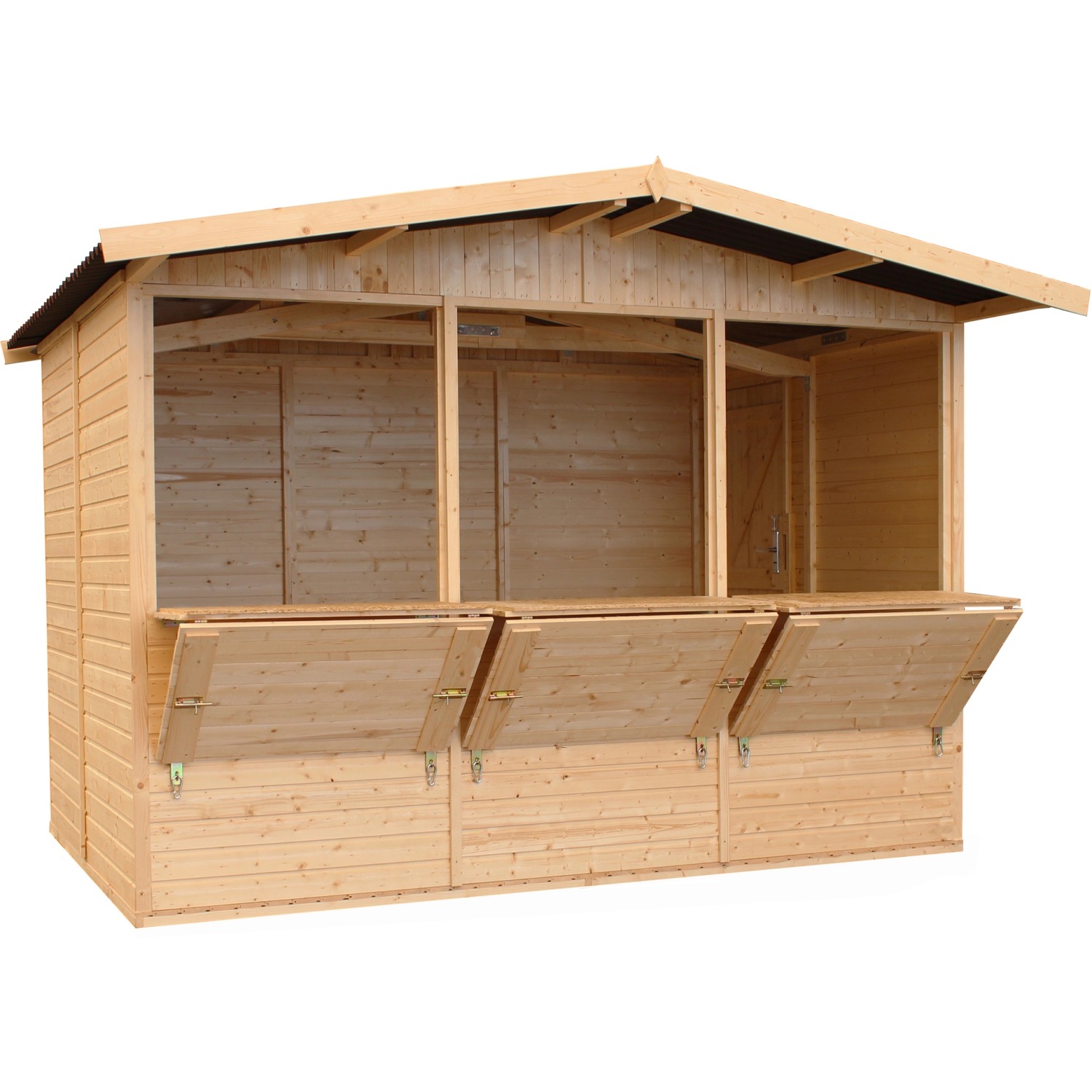Timbela Marktbude Holz M150A mit 3 Theken (6,03 m²), unbehandeltes Holz.