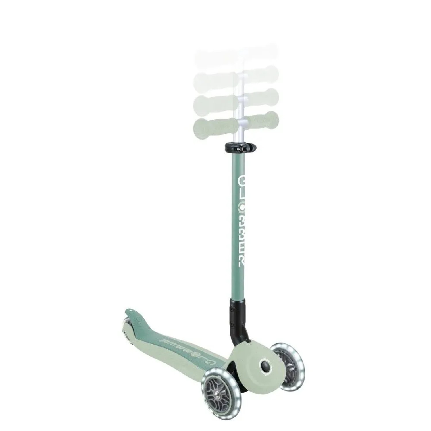 Globber Go-Up Active Lights 3-in-1 Kinderfahrzeug in Pistazie. Höhenverstellbarer Scooter mit leuchtenden LED-Rädern.