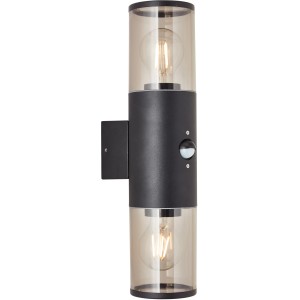 Anthrazitfarbene 2-flammige Außenwandleuchte Sergioro mit Bewegungsmelder.