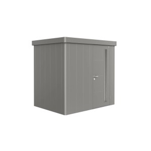 Modernes Biohort Metall-Gerätehaus Neo 1B in Quarzgrau-Metallic. Robuster Geräteschuppen mit Standardtür und Lichtband.