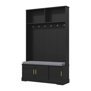 okwish Garderobenständer mit Schuhbank 6 Dreifach-Haken Flur 120x191x40cm Schwarz