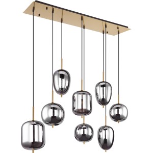 Globo Pendelleuchte Blacky I, 8-flammig, mit Rauchglas-Schirmen und messingfarbenen Details.