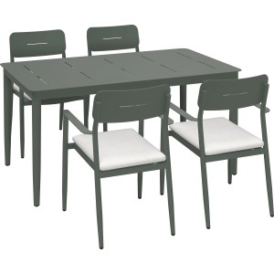 5-teilige Esstischgruppe Claremont mit Stahlgestell, grün-grau mit cremeweißen Auflagen.