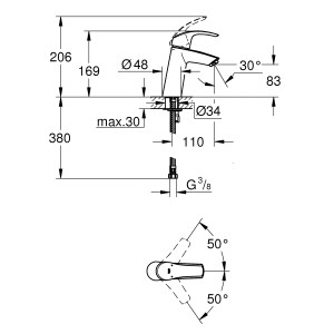 Technische Zeichnung: Grohe Eurosmart M-Size Waschtischarmatur, Chrom, mit Maßangaben.