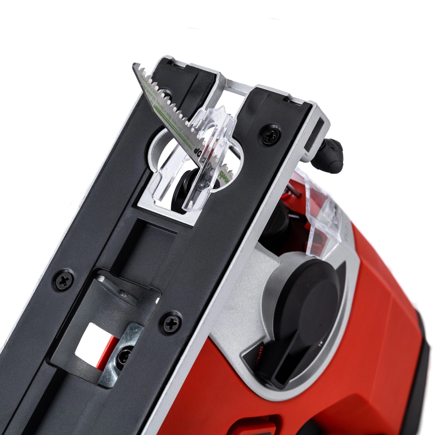 Einhell Akku-Stichsäge TE-JS 18 Li Solo: Detailaufnahme von Sägeblatt und Schnittlinienanzeige.