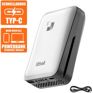Litheli U20 Akku-Powerbank 20V 2.0Ah: Akku mit USB-Anschlüssen und Ladekabel.