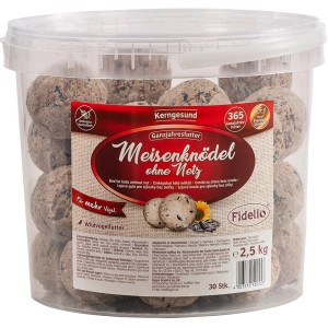 Eimer mit 30 Fidelio Meisenknödel ohne Netz, Wildvogelfutter für ganzjährige Fütterung.