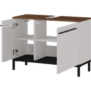 Germania Waschbeckenunterschrank Kaschmir/Nussbaum, 80cm breit, mit offenen Türen, Einlegeböden, schwarzen Griffen und Füßen.