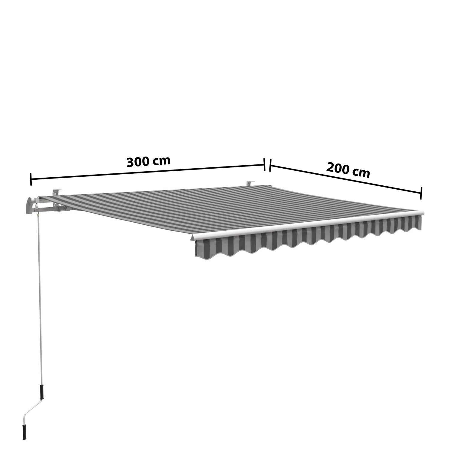 Gelenkarmmarkise Aventura 3x2m in Grau-Weiß gestreift mit Handkurbel für Terrasse oder Balkon.