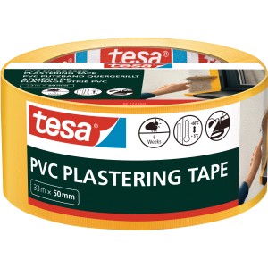 Gelbes Tesa PVC Putzband, 33 m x 50 mm, für den Außenbereich.