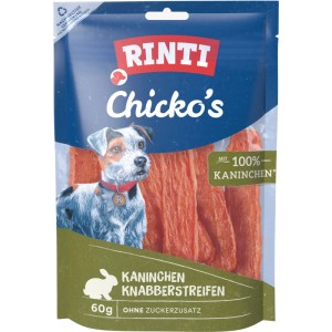 Rinti Chicko Kaninchenstreifen, 60g, Hunde-Natursnack aus 100% Kaninchen, getrocknet.