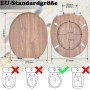 Sinobath WC-Sitz mit Absenk-Automatik, helle Eichenholzmaserung. Zeigt EU-Standardmaße und Kompatibilität für ovale WCs.