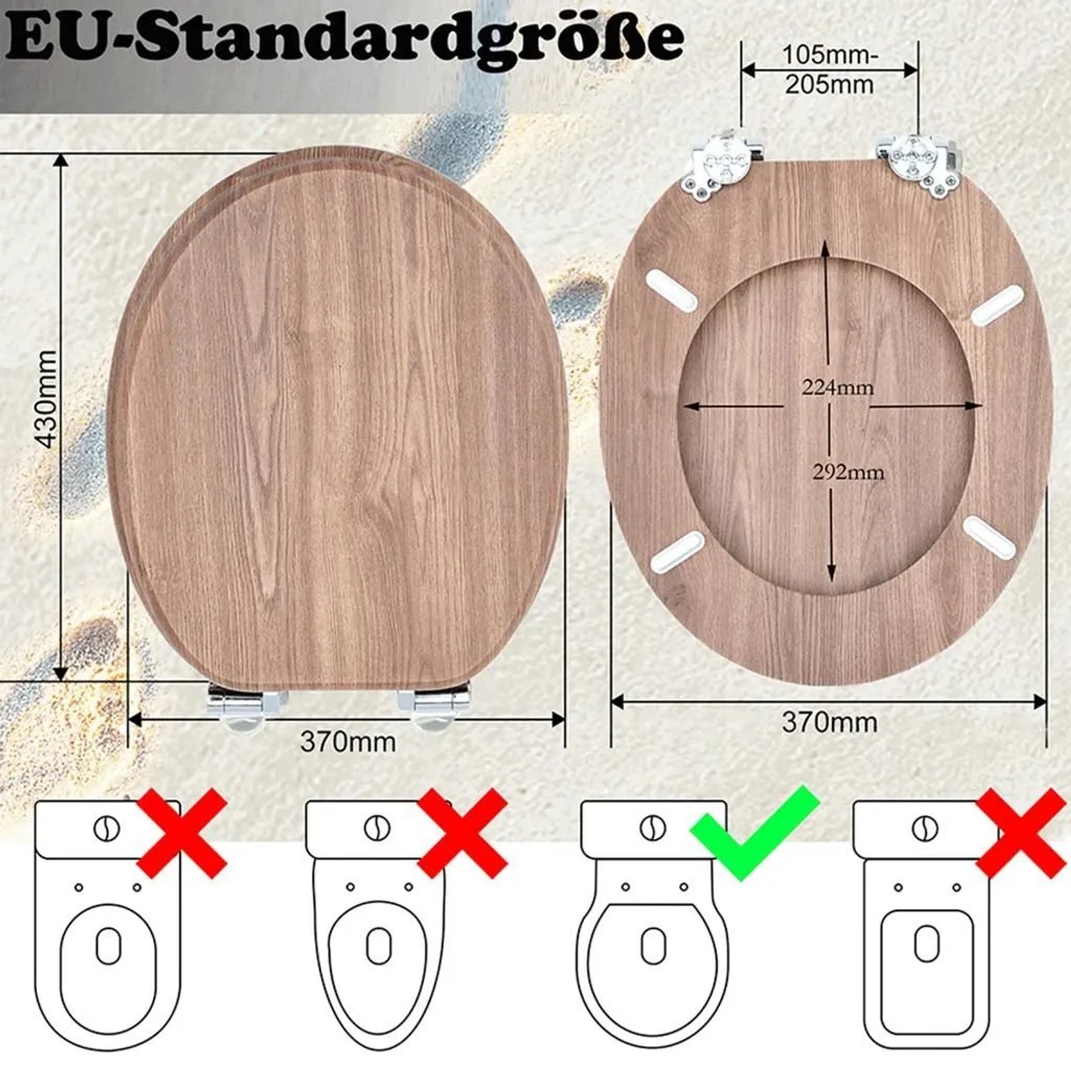 Sinobath WC-Sitz mit Absenk-Automatik, helle Eichenholzmaserung. Zeigt EU-Standardmaße und Kompatibilität für ovale WCs.