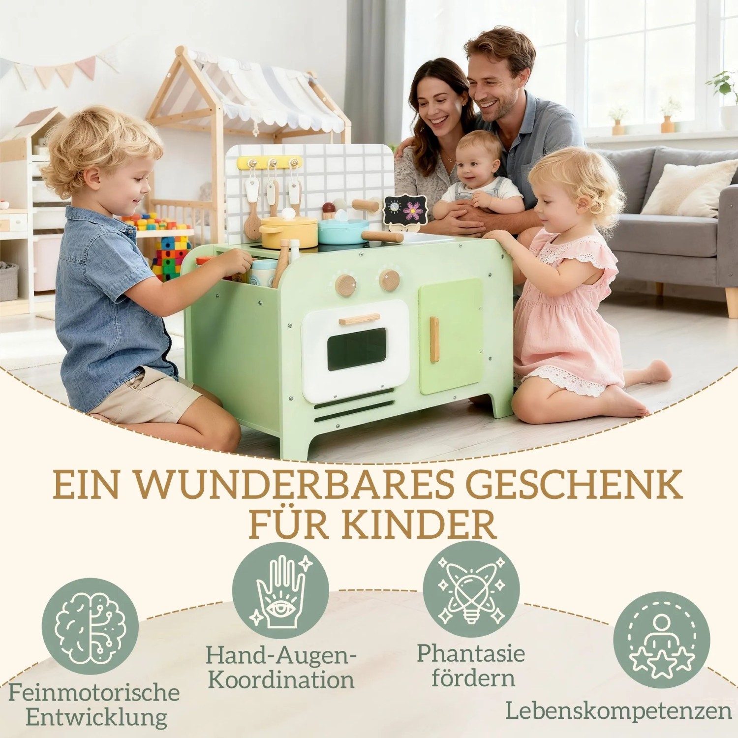 Grün-weiße AIYAPLAY Kinderküche aus MDF mit Ofen, Spüle und Zubehör. Kinder spielen. Realistischer Lernspaß.