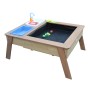 Axi Sand- und Wassertisch Linda mit Spielküche, blauem Behälter und Sonnenschirm.