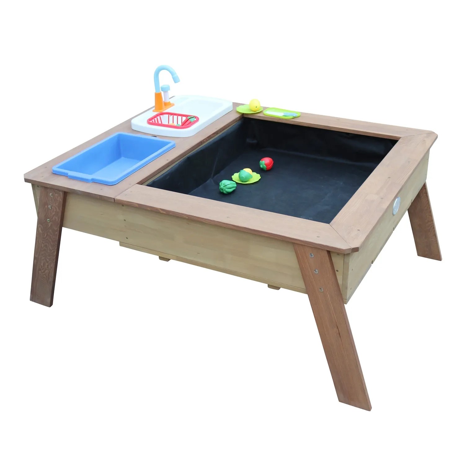 Axi Sand- und Wassertisch Linda mit Spielküche, blauem Behälter und Sonnenschirm.