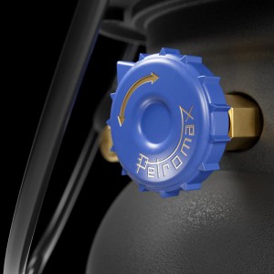 Detailaufnahme: Blauer Drehknopf der Petromax LED-Laterne PX-LM500, Camping & Zubehör.