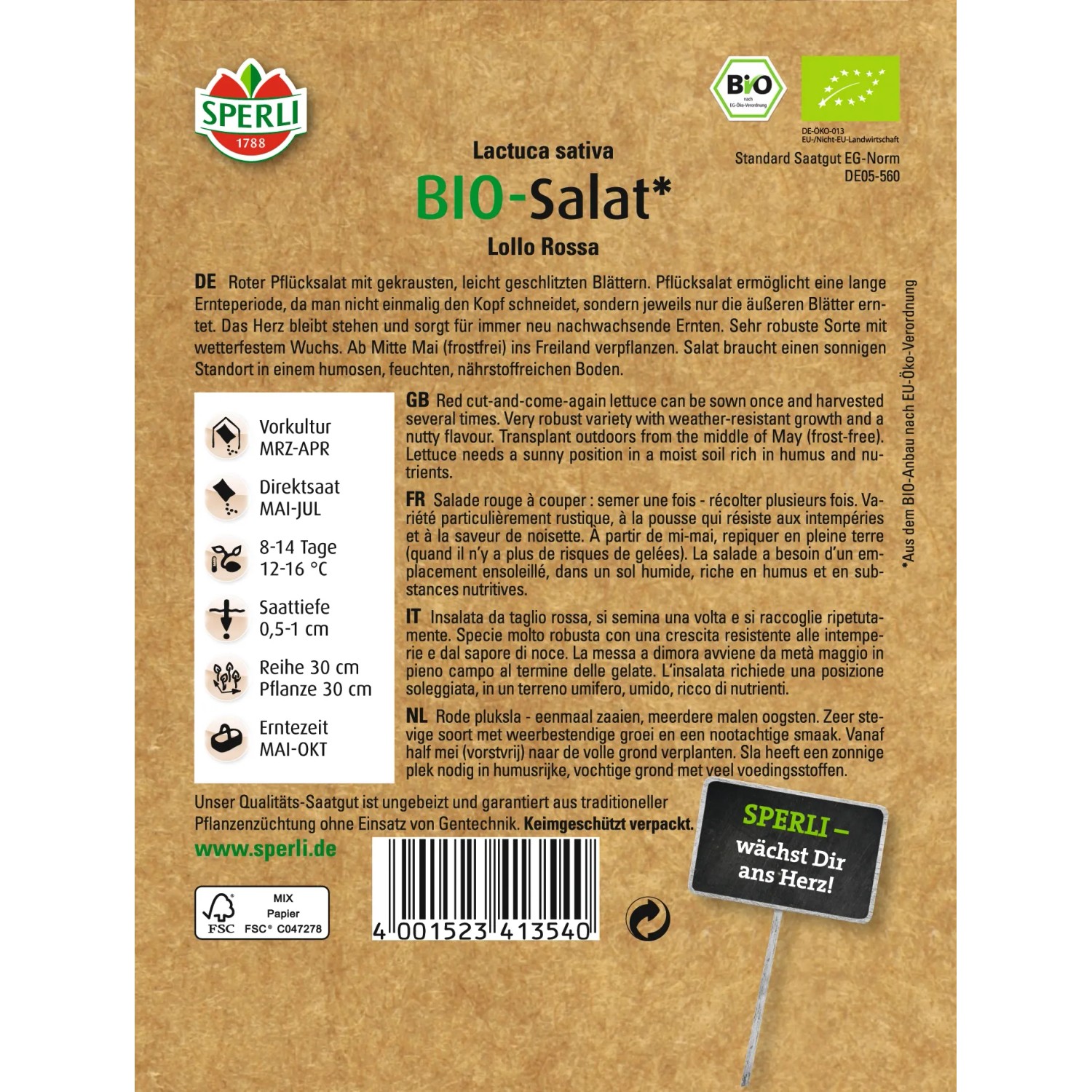 Sperli Bio-Pflücksalat Lollo Rossa Samenpackung mit Produktinformationen.
