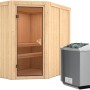 Karibu Sauna-Set Cleo mit Ofen: Elementsauna aus Fichte mit Glastür und Edelstahl-Ofen.