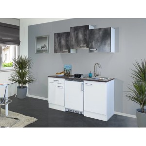 Flex-Well Singleküche Lucca, 150 cm, Weiß/Caledonia mit Kühlschrank, Kochfeld und Spüle.