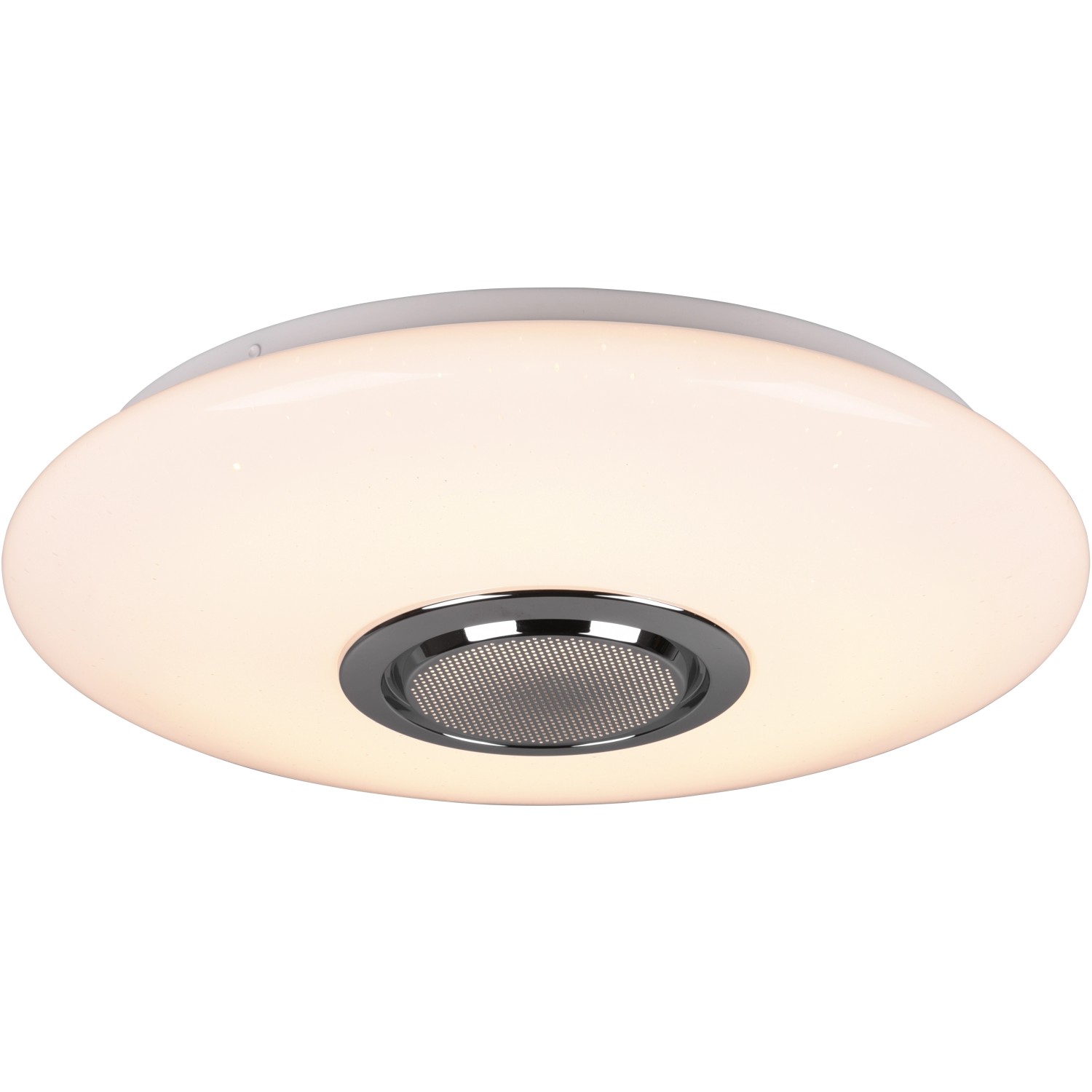 Weiße LED-Deckenleuchte Musica mit Lautsprecher und Farbwechsel für Wohn- und Schlafzimmer.