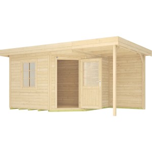 Unbehandeltes Weka Holz-Gartenhaus mit Flachdach und Anbau, 455x339 cm.