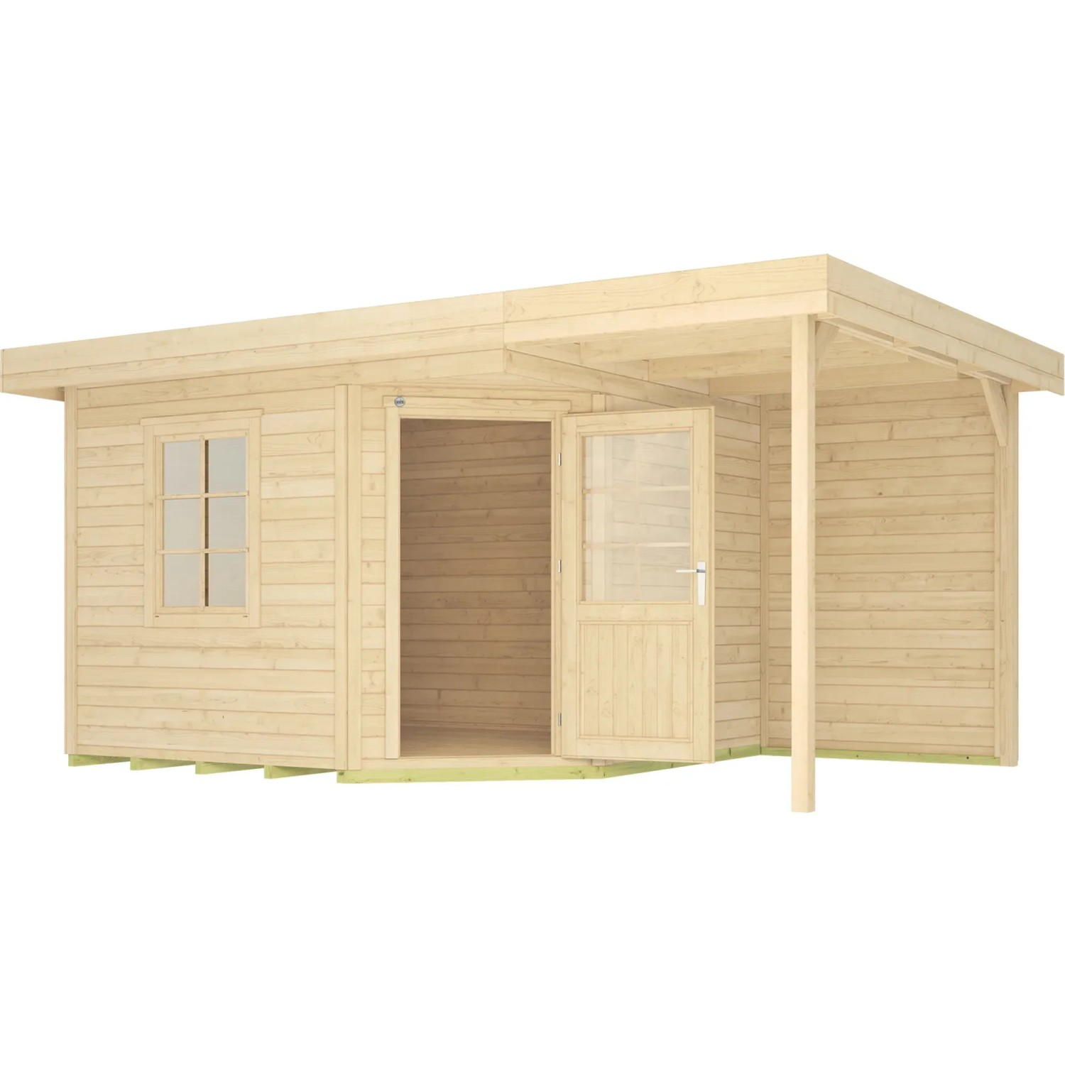 Unbehandeltes Weka Holz-Gartenhaus mit Flachdach und Anbau, 455x339 cm.