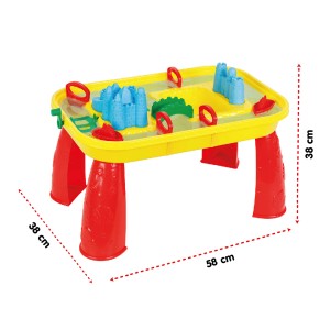 Gelb-roter Sand- und Wasserspieltisch mit Zubehör für Kinder ab 3 Jahren.