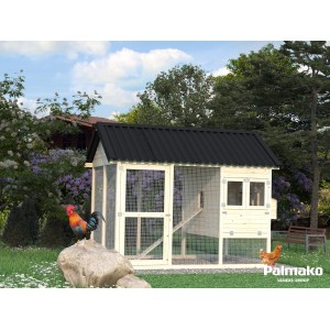 Palmako Hühnerstall Chick 6,7 m² mit Auslauf und Legekasten im Garten.