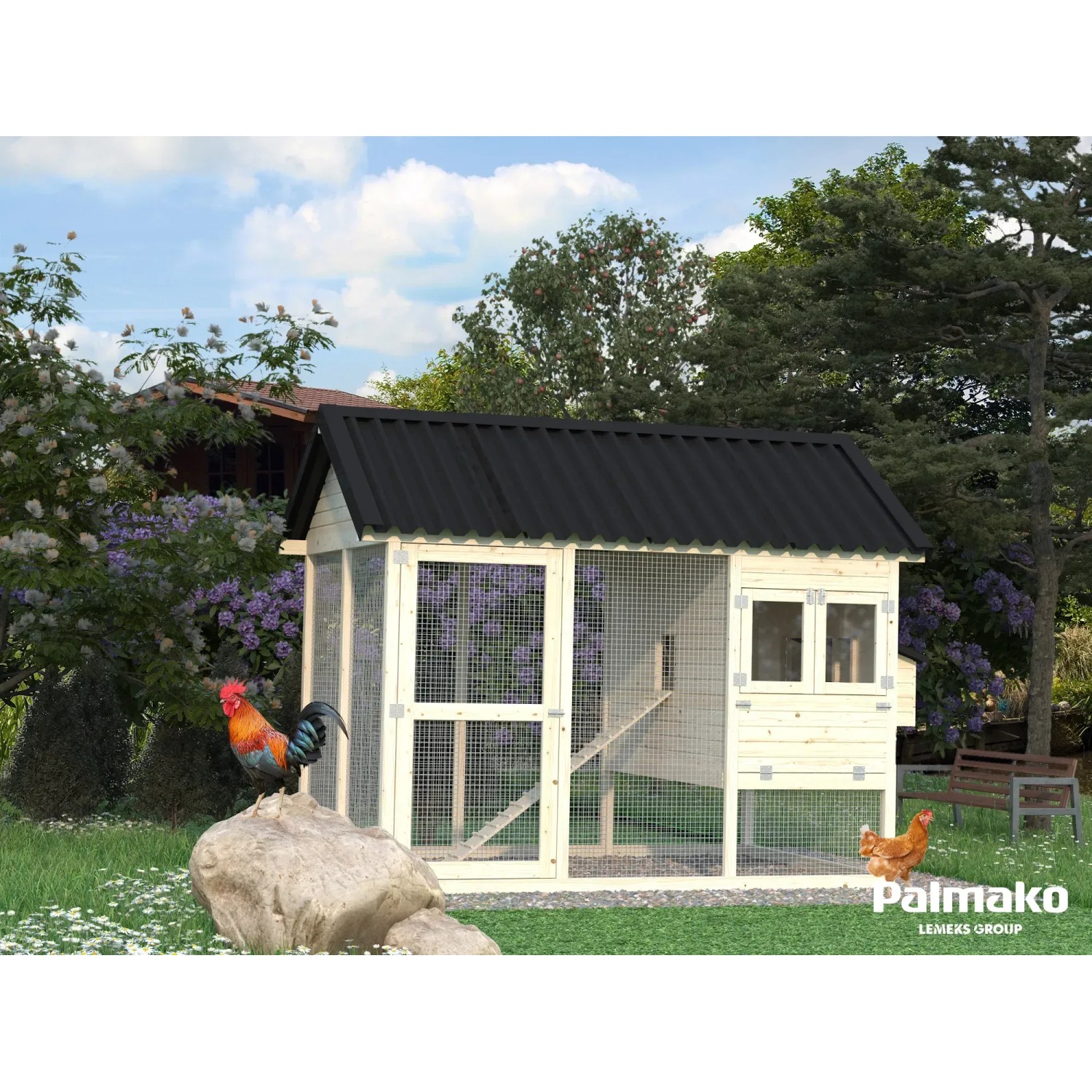 Palmako Hühnerstall Chick 6,7 m² mit Auslauf und Legekasten im Garten.