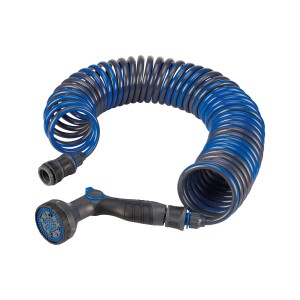 LUX-TOOLS Brausenset mit Spiralschlauch, 5 Strahlvarianten, blau/grau.