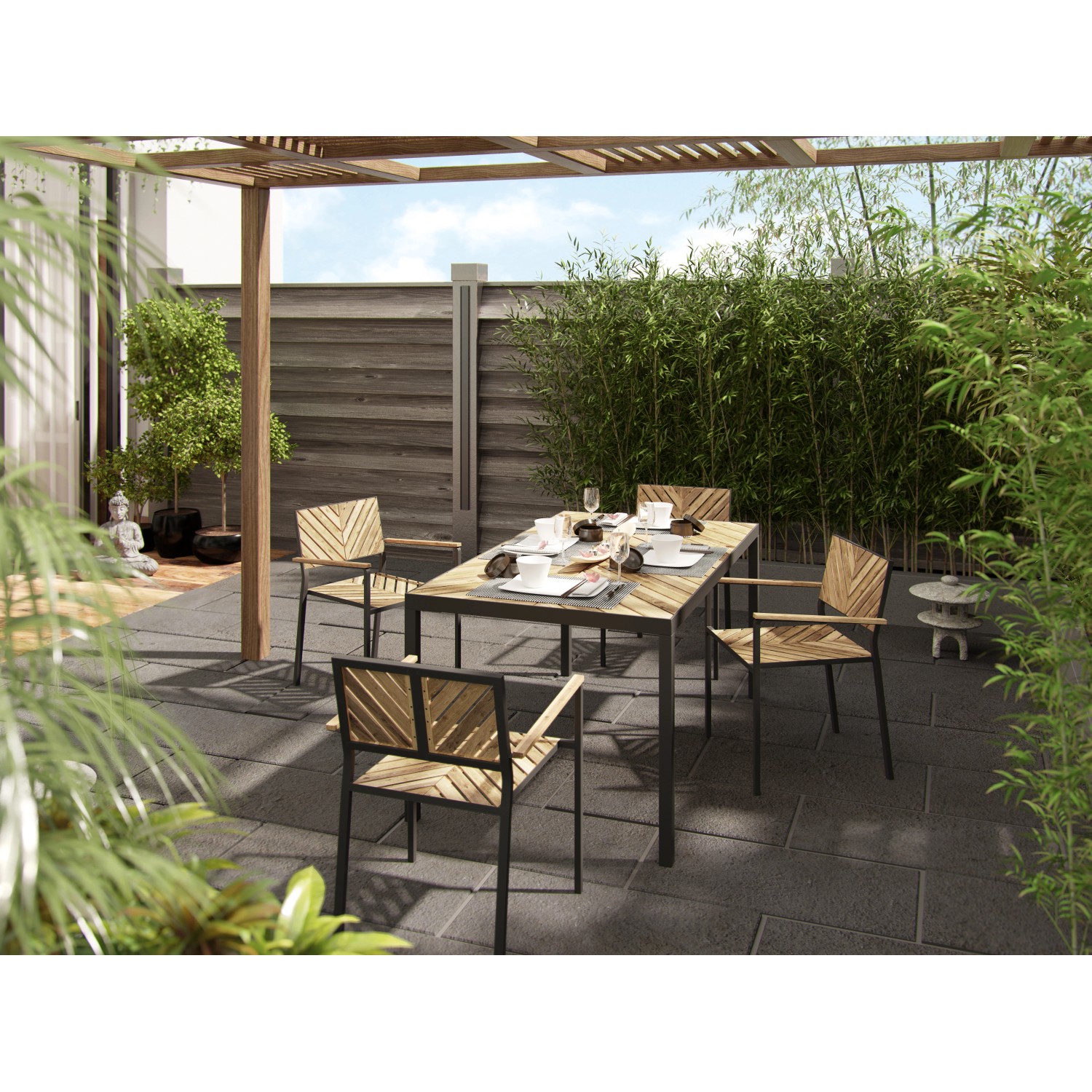 Gartensessel Ovando mit Armlehnen aus Akazienholz und Stahlrahmen im modernen Design.