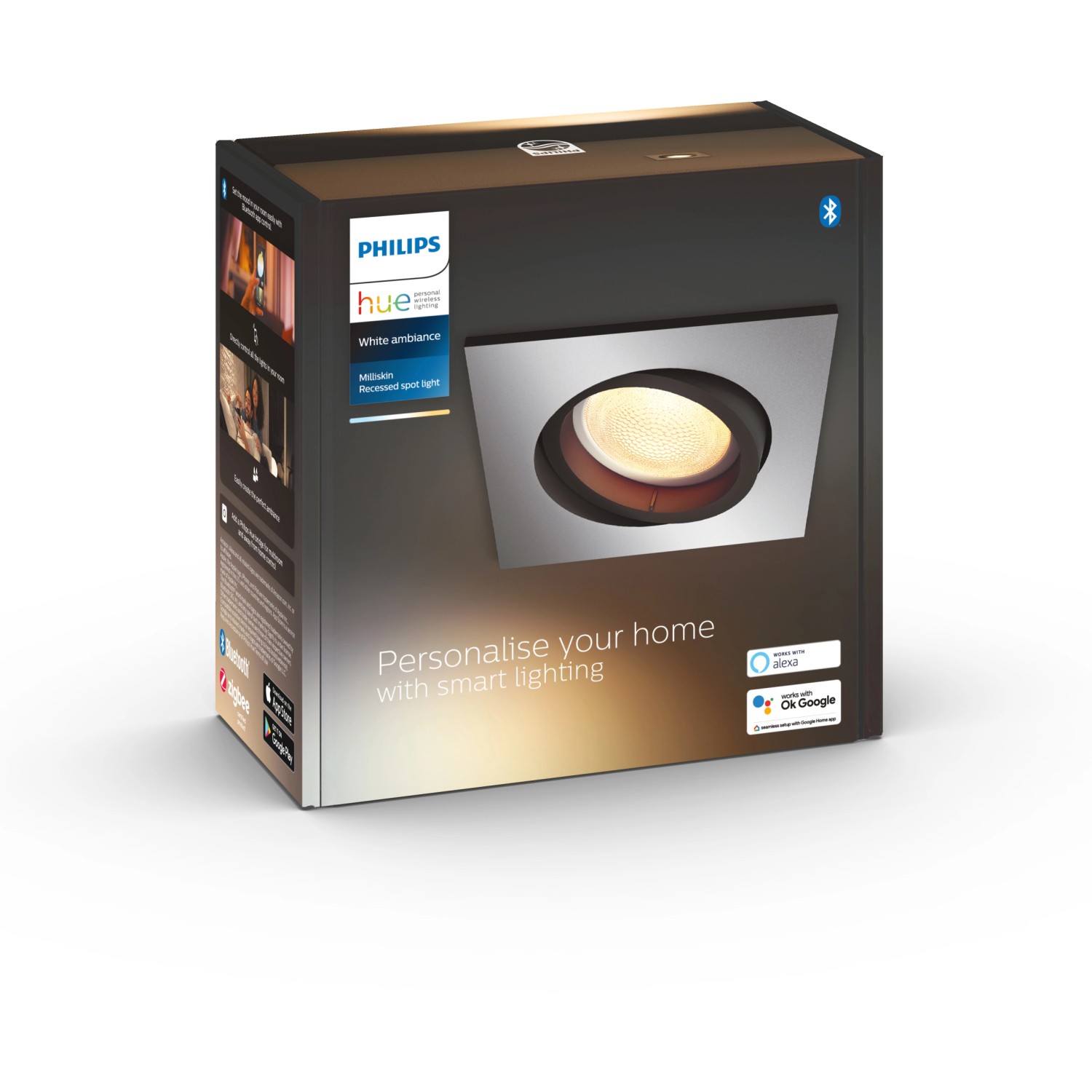 Verpackung des Philips Hue Einbauspots Milliskin, eckig, Aluminium, 250 lm.