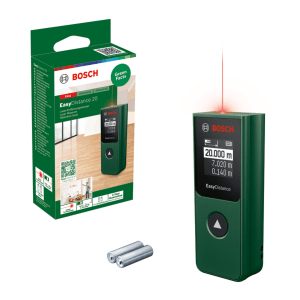Bosch EasyDistance 20 Laser-Entfernungsmesser mit Laserstrahl, Verpackung und Batterien.