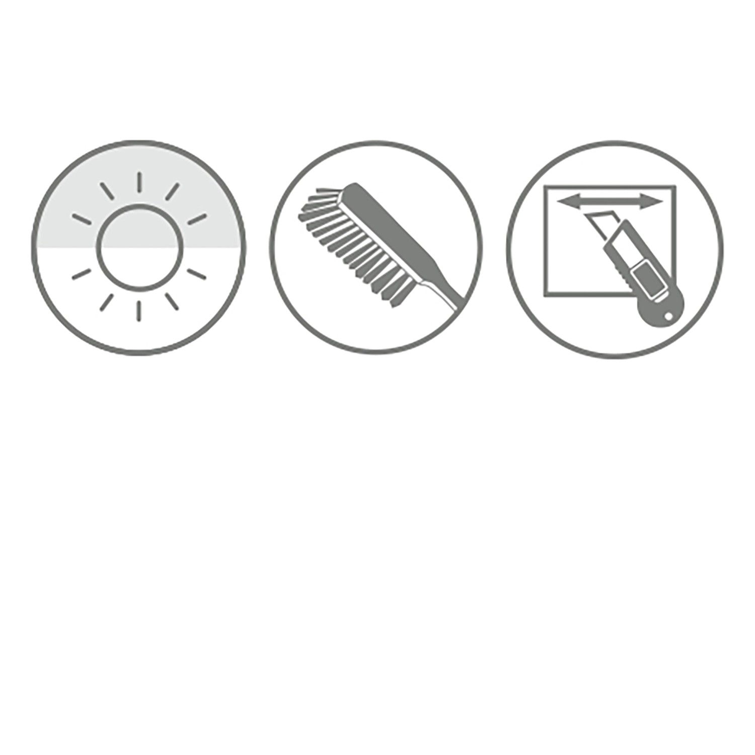 Symbole für Lichtdurchlässigkeit, Reinigung und Zuschnitt des Gardinia Rollos.