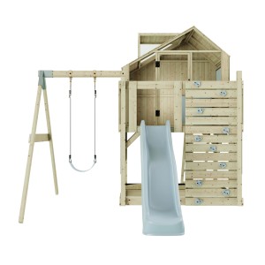 Kinderschaukel Eisblau mit Spielturm, Rutsche und Kletterwand aus Holz für Kinder.