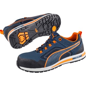 Puma Safety Crosstwist Low S3 Sicherheitshalbschuh, blau-orange, Größe 44. Arbeitsschuh mit Fiberglaskappe.