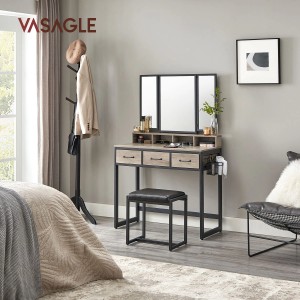 Vasagle Schminktisch mit Hocker in Greige-Schwarz mit Spiegel und Schubladen.