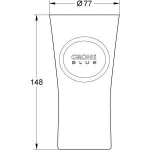Technische Zeichnung: Grohe Blue Wasserglas mit Maßangaben (Höhe 148 mm, Durchmesser 77 mm).
