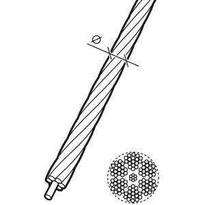 Abbildung eines Conacord Stahldrahtseils, verzinkt, mit 2 mm Durchmesser und Querschnittdarstellung.