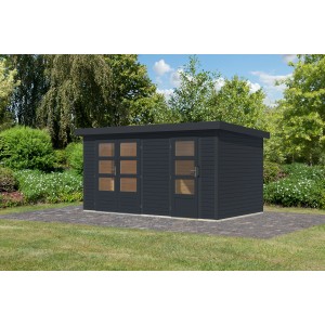 Anthrazitfarbenes Karibu Gartenhaus Alfredo C mit Doppeltür und Fenster