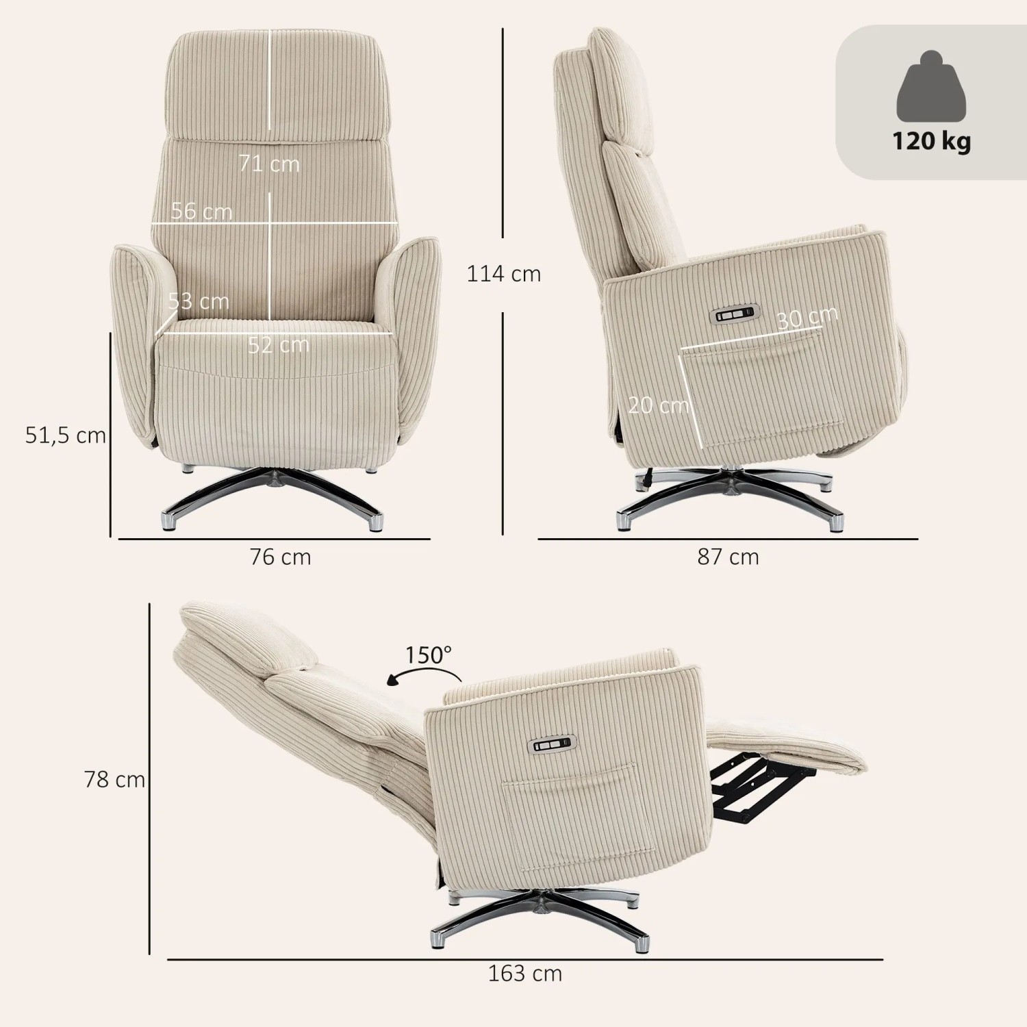 Cremeweißer HOMCOM Relaxsessel aus Polyester-Cordstoff, elektrisch verstellbar, 150° neigbar, 360° drehbar.