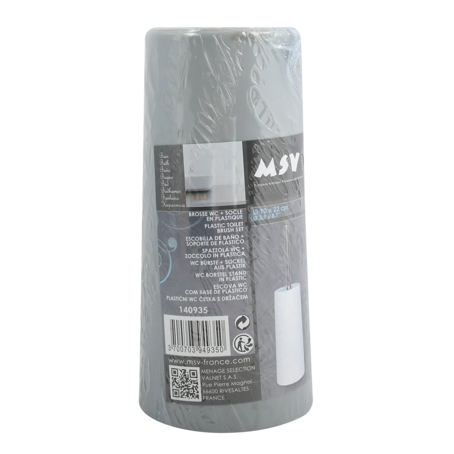 Graue MSV WC-Garnitur (Ø 10 cm x 22 cm) aus Polypropylen und Edelstahl.